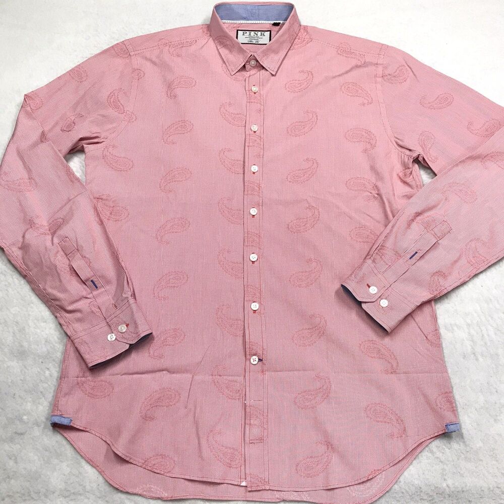 THOMAS PINK Dress Shirt Men L Red Paisley Slim Fit Casual Office Flip Cuff